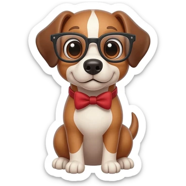 A dog wearing glasses and a bowtie sticker
