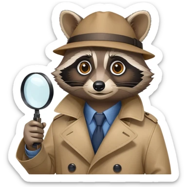 Raccoon private investigator with trenchcoat and magnifying glass sticker
