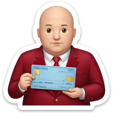 fat guy bold head in dark red velvet suit holding cheque sticker