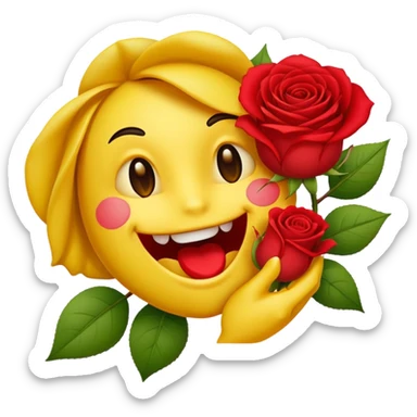 Normal emoji yellow biting a rose flower in romantic not eating gust biting sticker