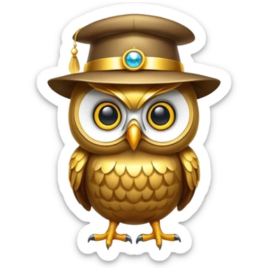 golden owl with shiny feathers. With a hat in head  sticker