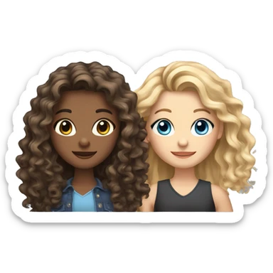 Create an image of 3 girlfriends.1 girl with curly brown - haired woman with brown eyes.next girl with long hair with a blonde ombre, brown eyes.next girl with black wavy long hair, blue eyes. sticker