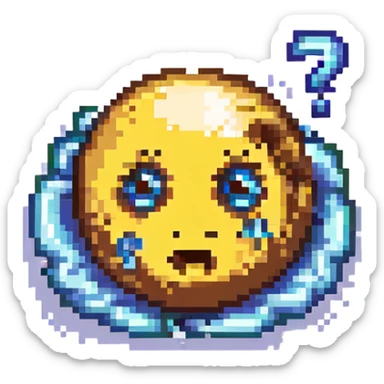 confused emoji with swirling eyes and question marks floating above, pixel art style sticker