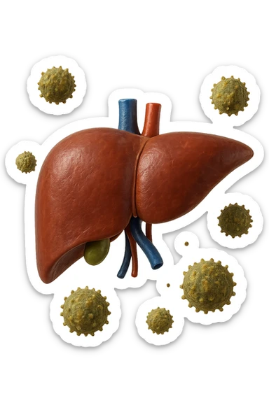 fegato umano anatomico con tossine che gli fluttuano intorno, iperrealistico 4k sticker