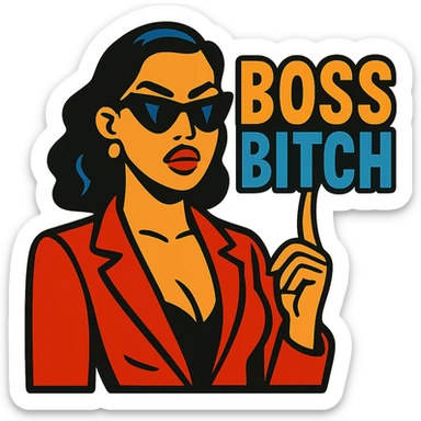 bossy, sexy woman with sunglasses and red lipstick with 'Boss Bitch' in bold block letters in vibrant toon style sticker