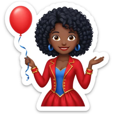 woman with curly black hair and dark face red costume, holding blue balloon sticker