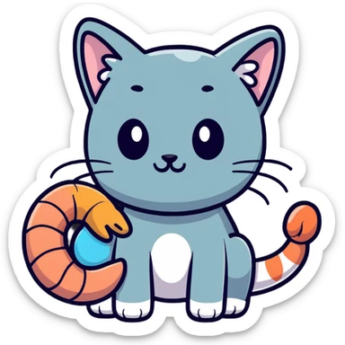 A cute hybrid creature with a shrimp body and tail but a cat's head with whiskers and ears sticker