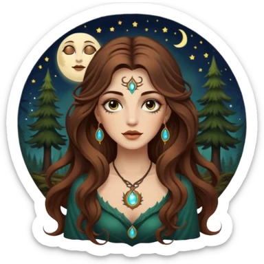 forest mystic woman long wavy brown hair tattoos half-lidded eyes moon glow sticker