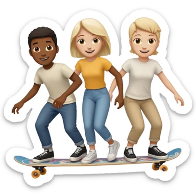 Four people (two black guys, one white guy, one white girl) on one long skateboard sticker
