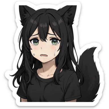 A girl with tears, black fox ears, and a tail, green eyes, dark hair sticker
