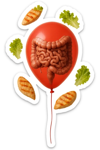 intestino anatomico realistico chiuso in un palloncino rosso e foglie di insalata e petto di pollo grigliato che fluttuano intorno sticker