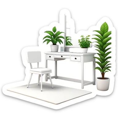 clean modern teenage bedroom with white furniture, white bed, white desk, white vanity, and potted plants sticker