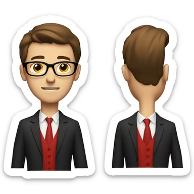 skinny guy with brown hair, black glasses and red suit sticker