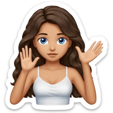 Girl with olive skin, blue eyes, brown dark insanely wavy long hair, white camisole, left hand palm up crossing arms in an x shape sticker