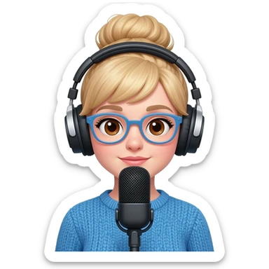 an asthetic girl with blue knitwear with light blonde hair
bun, brown eyes, blue glasses and her job is a podcaster (condenser microphone in front of her face and a headphone in her head) sticker