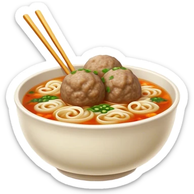 Cinematic Realistic Bakso Dish Emoji, showcasing savory meatball soup with noodles rendered with detailed textures and warm, inviting lighting. sticker