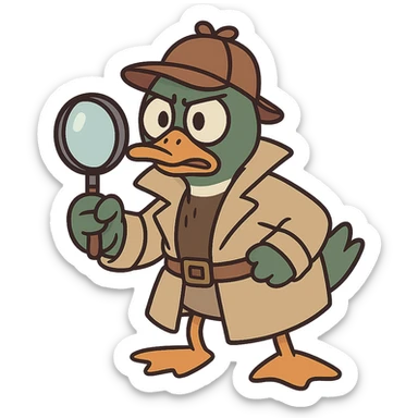 cute mallard duck dressed as a detective, wearing a trench coat and detective hat, holding a magnifying glass, cartoon style sticker