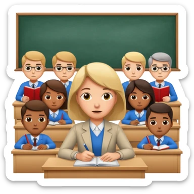 exhausted teacher in a bustling classroom sticker