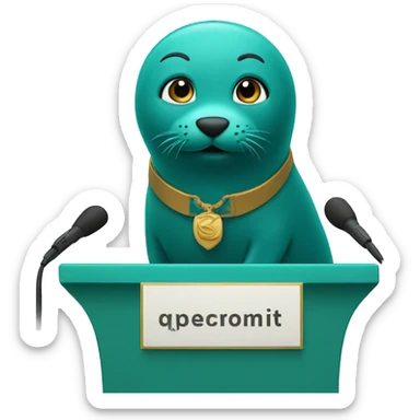 teal seal speaking behind a podium sticker