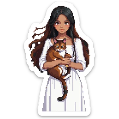 beautiful girl with long black hair wearing a white dress holding an Abyssinian cat with reddish-brown fur in her arms sticker