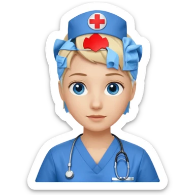Nurse blue eyes short blond blue scrubs no hat sticker