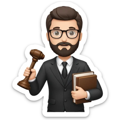 Create a male lawyer. he is wearing a fromal suit jckeret. He is holding a gavel in one hand and a book tucked under his another arm. He has beard and glasses without the glass lol. And the hair is kinda darker but not black sticker