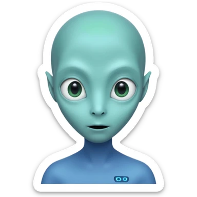Portrait of an alien with smooth greenish-blue skin, large black oval eyes, small nose, and no visible ears, elongated head, front-facing, wearing t-shirt, soft glow, simple futuristic design sticker
