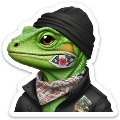 Lizard wearing a bandana with face tattoos smoking a black and mild sticker