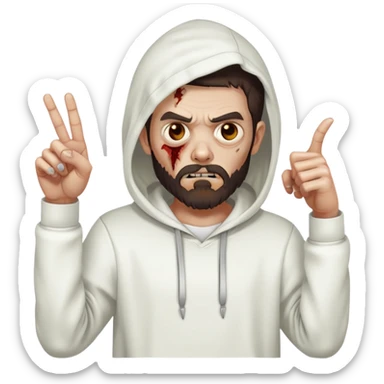 zombie pointing finger wearing plain white hoodie with no designs, dark brown hair and short full beard sticker