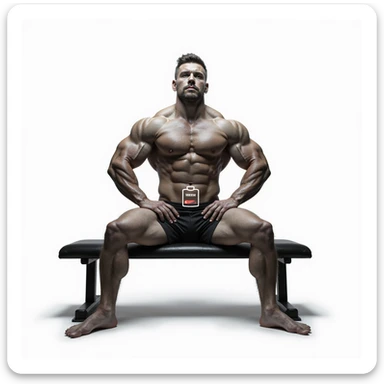 hyper realistic muscular bodybuilder sitting on a bench with slumped posture, pelvic area highlighted with low battery symbol, caption in Italian: 'Assenza di libido: nessun interesse sessuale', isolated on white background sticker