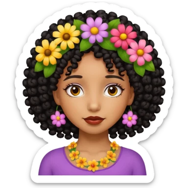 short black curly girl, tan skin, with flowers on her hair sticker