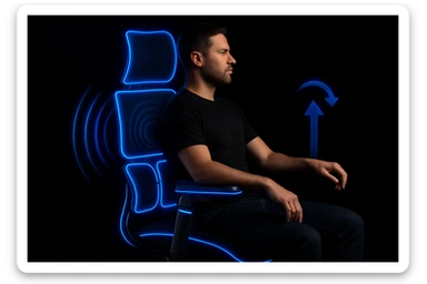 Youtube thumbnail of person using ergonomic chair, black solid background, neon light, closeup showing details of ergonomic chair, symmetrical sticker