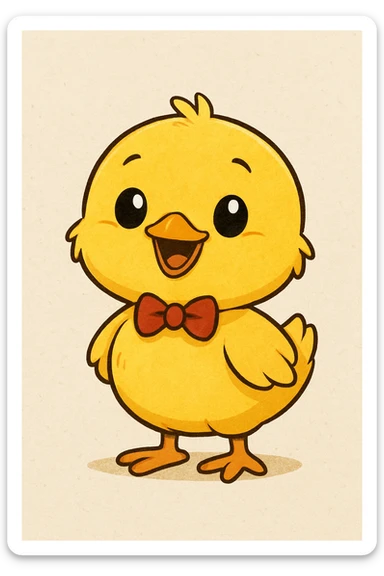 A baby chick with a big smile, cartoon style, wearing a tiny red bow tie sticker