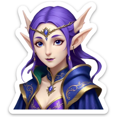 Cinematic Realistic WoW Elf Mage Portrait, head tilted dramatically with an exaggeratedly amused expression, blending timeless arcane wisdom with a touch of unexpected playfulness. Her luminous, porcelain-like skin and delicate features, complemented by an intricately detailed robe in deep blues and purples with golden filigree, are rendered with lifelike texture and dynamic magical lighting, high shine, dramatic yet whimsical, capturing the essence of an elven mage whose epic mastery is tinged with charming irreverence. sticker