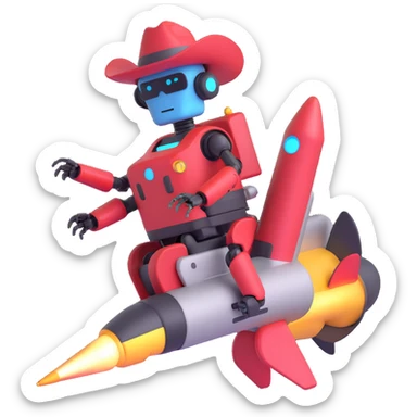 robot wearing a cowboy hat riding a rocket sticker