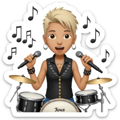 senior rocker drummer, singing into mic, wild expression, earrings, classic rock outfit, energetic, music notes, lively background sticker