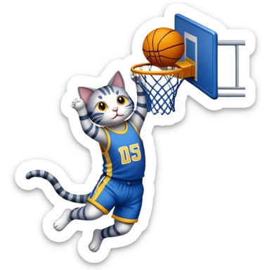 A cat wearing a blue basketball jersey with yellow stripes dunking a basketball into a basketball hoop sticker