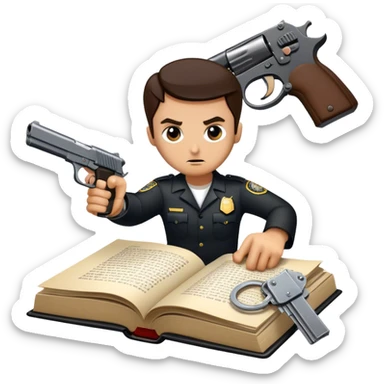 Icon for Action & Crime Reading: an open book with dramatic action scenes, surrounded by a gun, handcuffs, a badge, and a shadowy figure. The icon should evoke suspense, danger, and intrigue of crime and action stories. Transparent background. sticker