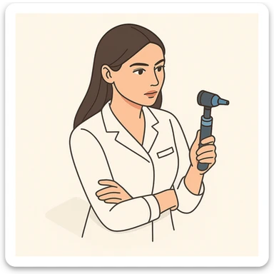 A female doctor with dark long straight hair and detailed brown eyes (not just dots), wearing a white medical coat, holding a medical instrument, in 2D isometric style with a minimalist background, with a serious facial expression. sticker