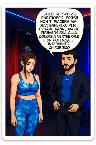 fai questa immagine in versione fumetto/manga/webtoon a colori, il manga mostra l'uomo che risponde alla donne:
Succede spesso purtroppo. 
Forse non ti piacerà ma devi saperlo, per evitare danni, anche irreversibili, alla colonna vertebrale e un potenziale intervento chirurgico. sticker