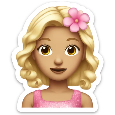 Girl with blonde hair with a pink sparkly dress and a pink flower in her hair sticker