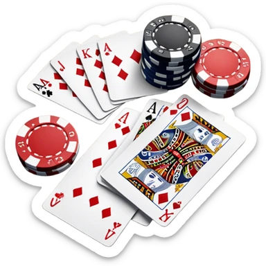 A photorealistic icon featuring playing cards, poker chips and a deck of cards spread out on a table. Bright, detailed design with realistic textures and lighting. Transparent background, clearly symbolizing card games and strategy. sticker