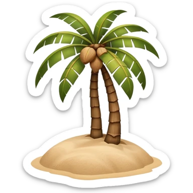 A 3D cartoon coconut palm tree with coconuts near the top and a sandy base, tropical light setting, Memoji-style realism. sticker