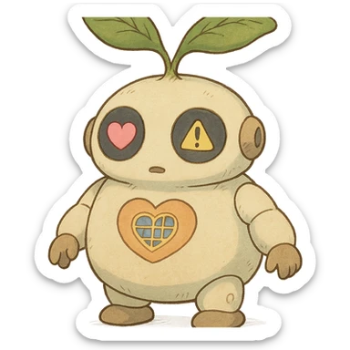 A chubby, round robot seedling with soft, plush-like forms. Its body resembles a young sprout with smooth lines. The robot has large round sensor-displays for eyes that change expression (❤️ for good harvest, ⚠️ for problems). It has two movable leaf-antennas on its head that move when working. On its chest is a stylized heart with solar panels that glows softly when charging. It has short, slightly clumsy arms and legs like a baby robot, with suckers or tiny wheels on its feet to "roll" around the greenhouse. sticker