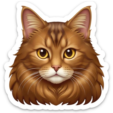 cinematic-brown-maine-coon-cat-portrait-emoji,-elegant-and-alert,-sleek-brown-and-gold-tones-with-hints-of-deep-auburn,-simplified-yet-sharp-features,-highly-detailed,-glowing-with-a-warm,-confident-glow,-high-shine sticker