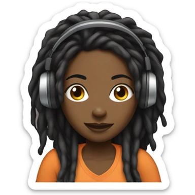black woman with dreads behind laptop typing and wearing headphones sticker