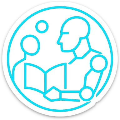 Make the human and robot figures even more abstract and geometric, using simple shapes and lines to suggest their presence around the book. Maintain the Tron-blue, high-tech, glowing style and the circle composition. No text. sticker