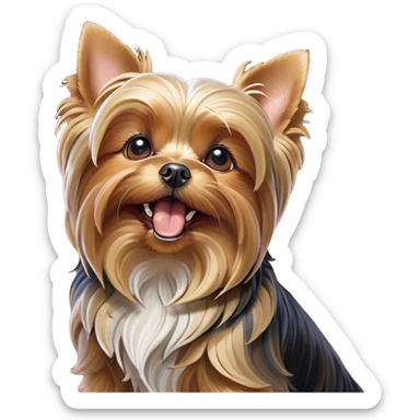 Cinematic Cute Yawning Yorkshire Terrier Portrait Emoji, Head tilted with a playful, drowsy expression and droopy, adorable eyes, featuring a soft, well-groomed fur in rich hues, simplified yet irresistibly endearing, highly detailed, glowing with a warm, cozy radiance, high shine, exuding a relaxed yet spunky charm, styled with a gentle, soft glowing outline, capturing the essence of a Yorkshire Terrier mid-yawn that seems as if it could cuddle right off the screen! sticker