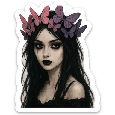 gothic emo girl, matte pink and purple butterfly crown, dark eyeliner, expressive eyes, mysterious and elegant sticker