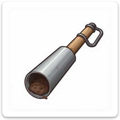 realistic icon style of a soil core sampler tool, cylindrical metal tube with a handle, used for collecting soil samples for carbon dating, shown with a soil core inside sticker